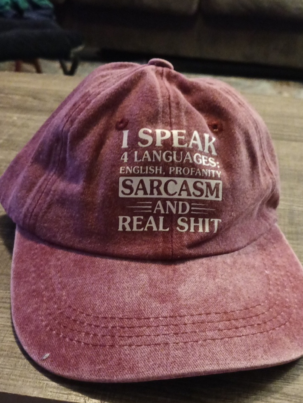 Distressed Burgundy Baseball Cap with Bold Text